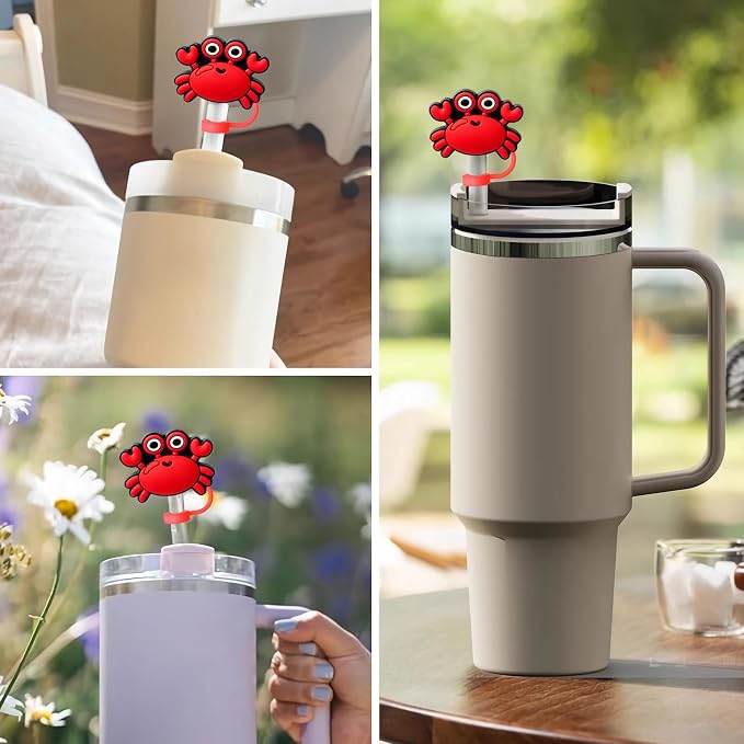 Animal Straw Toppers For Stanley Cups;Straw Covers Cap Toppers Compatible With Stanley 30&40 Oz Tumbler, Reusable & Silicone Tumbler Straws Topper For 0.4 Inch Tips Animal Lover Gifts (Red Crab)