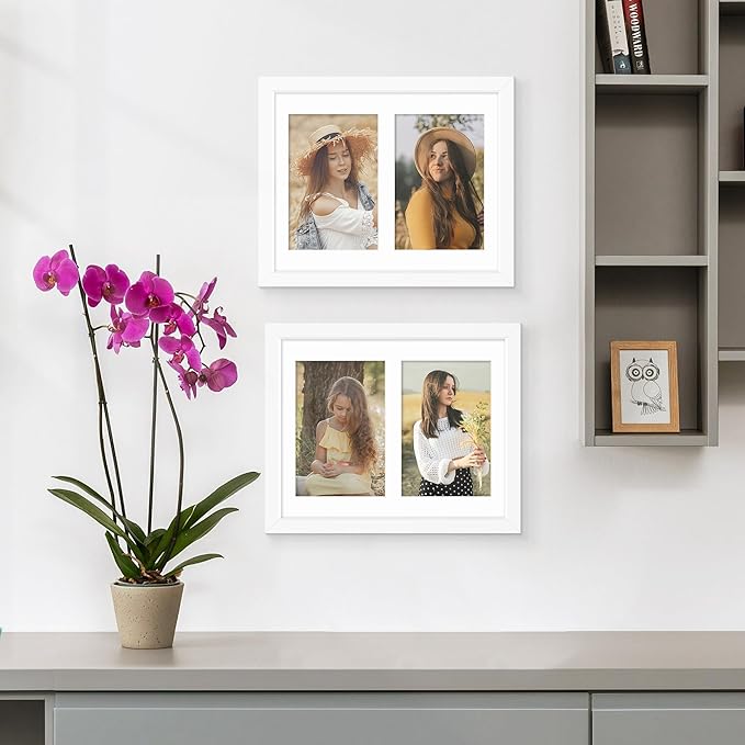 8x10 Double Picture Frame For Displaying Double 4x6 Picture Frame for Wall Mounting or Tabletop, White.