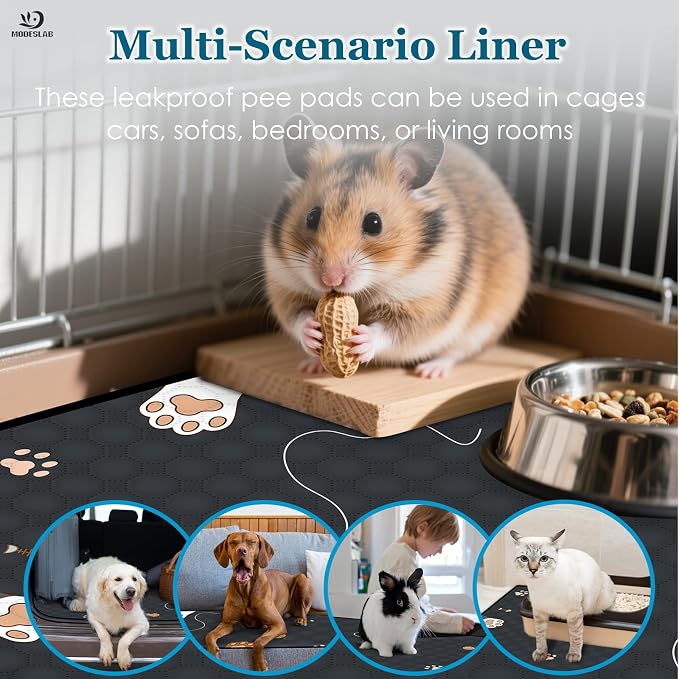 4-Pack Guinea Pig Cage Liner Washable, 16in x 30in Ultra-Absorbent Guinea Pig Bedding for Cage Non-Slip Leak-Proof Pee Pads for Dogs Rabbit Bunny Cat Litter Mat, Black