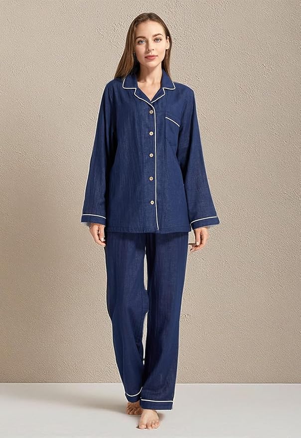 Womens Pajama Sets 100% Double Gauze Cotton Linen Like Muslin Pajamas Long Sleeve Button Down Sleepwear Soft Pjs Lounge Set