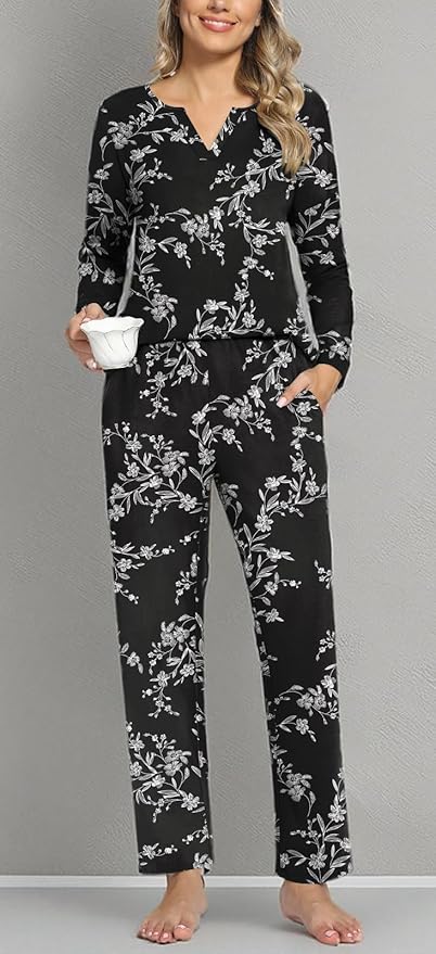 Anyally Women's Plus Size Pajama Sets Ladies Fall Pjs 2 Pieces Lounge Outfits V Neck Long Sleeves Sleepwear with Pockets