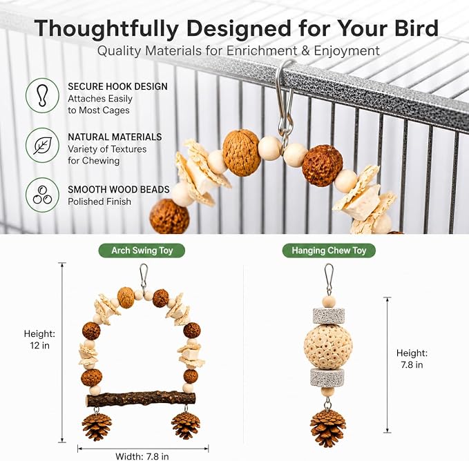 2 Pack Natural Bird Toys Set - Prickly Ash Wood Arch Swing with Walnuts & Cuttlebone - Sola Ball Shreddable Toy with Beak Grinding Pumice Stone, Cage Accessories for Cockatiel, Conure, Parakeets