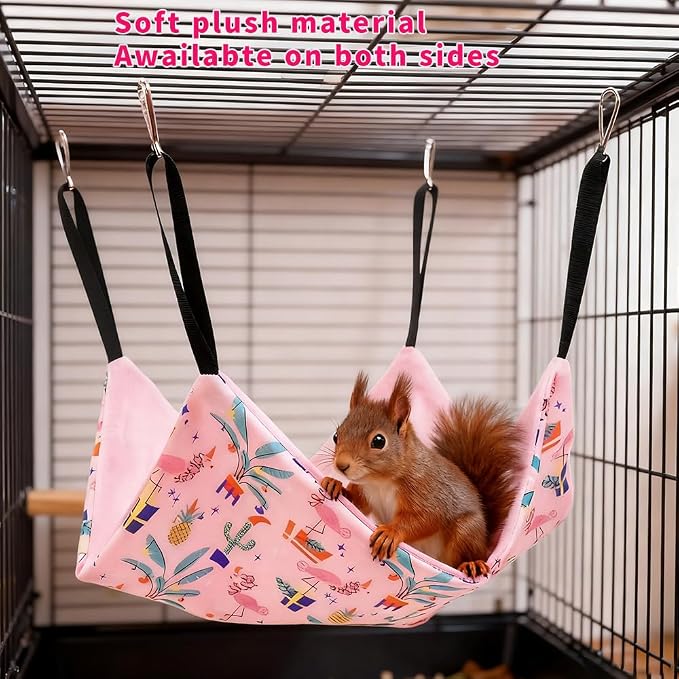 4 Pack Ferret Hammock Set, Hanging Soft Small Animal Hammocks with Hideout,Tunnel and Double Layer,Cage Accessories for Ferret,Rats,Sugar Glider,Squirrel (Pink)
