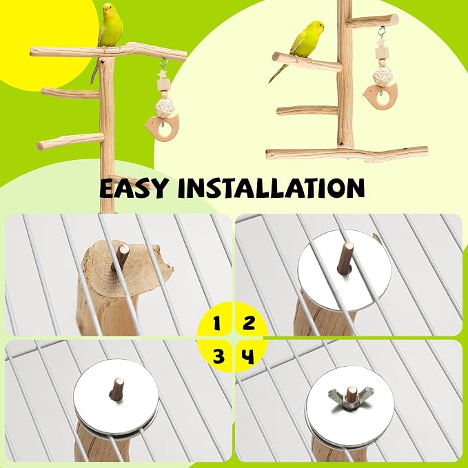 Natural Wooden Bird Perch Stand with Hanging Toy, Bark-Free Solid Wood Parrot Perch for Budgies, Parakeets, Cockatiels and Lovebirds, Inside or Cage Top Bird Playground