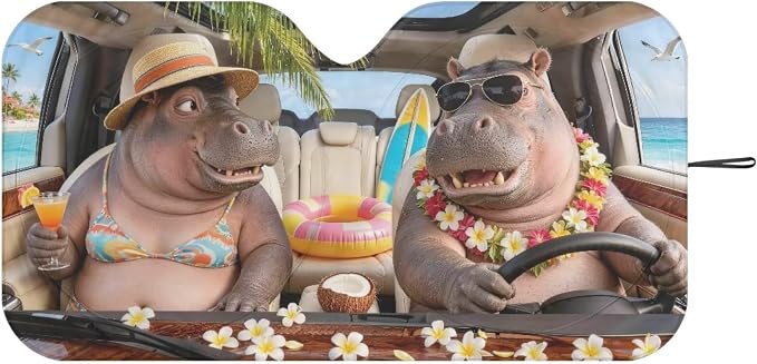 Funny Hippos Sun Shade for Car Windshield Foldable Front Windshield Shade for Sun Auto Vehicle Shield Reflective Sun Visor Block UV Rays Fit Car Front Window for Trucks SUV Van
