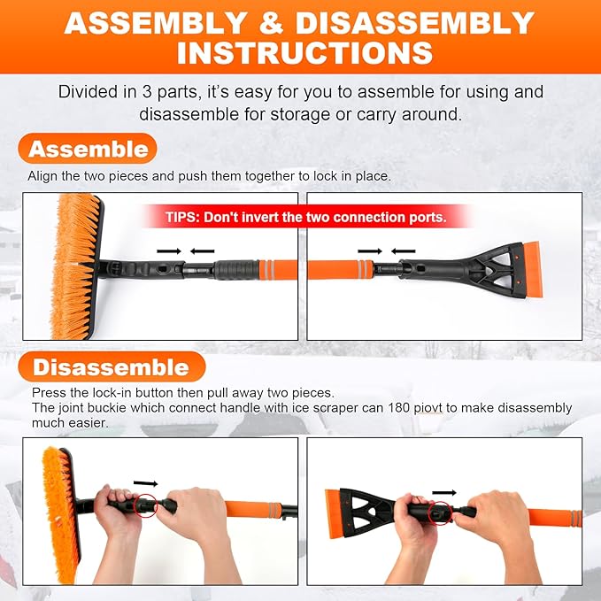 34" Extendable Ice Scrapers for Car Windshield 2-in-1 Snow Brush for Car Snow Scraper for Snow Scraper and Drush with Ergonomic Foam Grip for Cars Trucks SUV with 360° Pivoting Brush Head Orange 1PCS