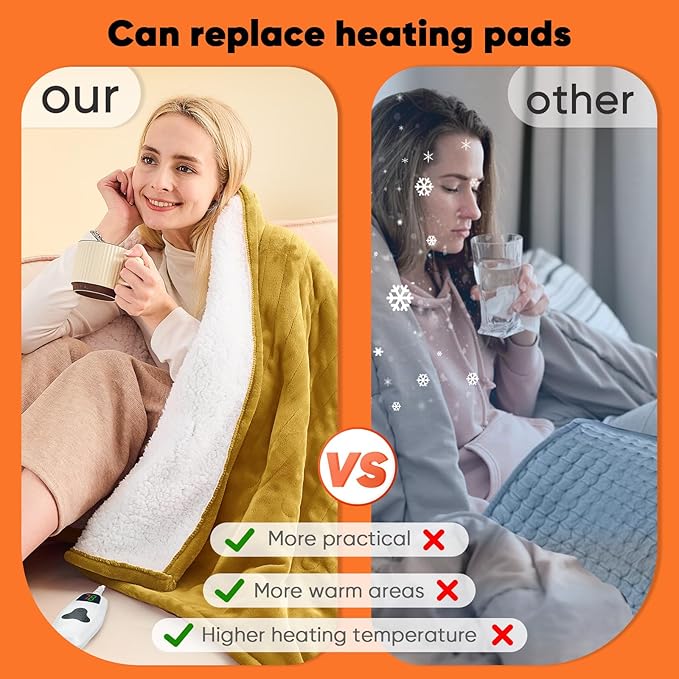 greenoak Heated Blanket Electric Twin 62"X84", Heating Blankets with 10 Levels 8 Hours Auto-Off, Soft Flannel Sherpa Fluffy House Warming Gifts for Grandma Seniors Mom,Brownish Yellow