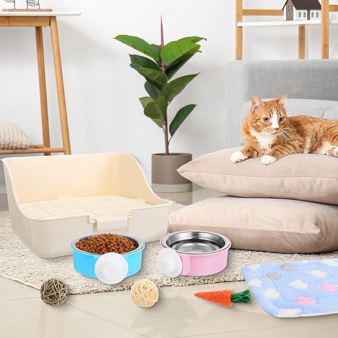 Reallnaive 15 Pcs Rabbit Starter Kit Small Rabbit Litter Box Girls Gift Animal Grooming Kit Bunny Toys Bowl Blankets with Cleaning Set for Guinea Pig Accessories(Multicolor)
