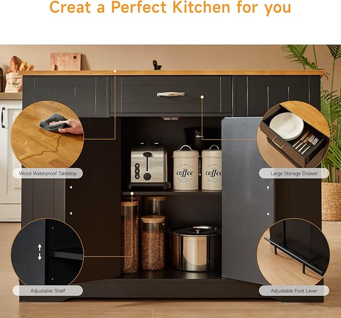 ONBRILL Stationary Kitchen Islands Include 2 Chairs, 47" Kitchen Island with Drop Leaf, Home Bar Table with Spice Rack & with Trash Cabinet, Island Table for Dining Room with Power Outlet, Black