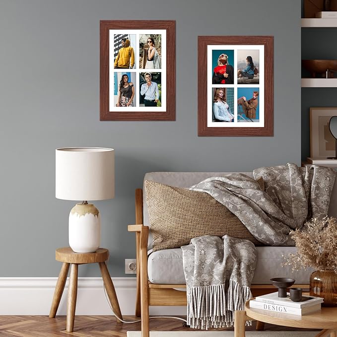 9x13 Picture Frame Display 4 opening 4X6 Picture Frame Collage,Multi Photo Frame with Mat,Plexiglass,Wall or Tabletop Decor,Walnut Wood Grain