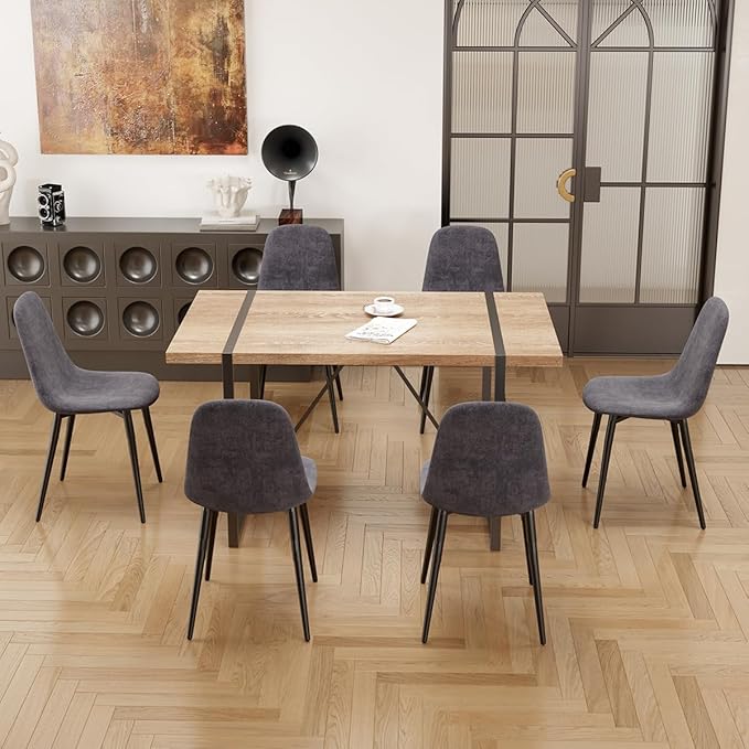7 Piece Dining Table Set for 6,Modern 55'' Rectangle Wood Dining Table and Fabric Dining Chairs 6,Kitchen Table and Chairs for 6,Ideal for Kitchen Dining Room