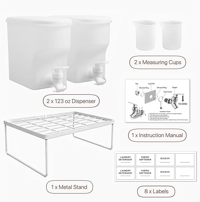 Laundry Detergent Dispenser Set, 105oz (3L) Easy-Pour Leak-Proof Bottles with Spout Plug Caps,Measuring Cups & Stand–2 Refillable Semi-Transparent Soap Containers for Laundry Room Organization