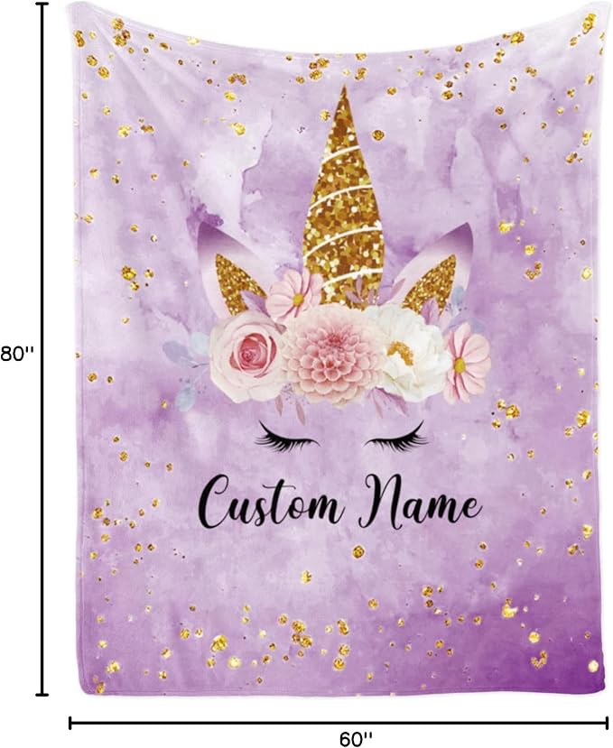 Personalized Horse Blanket with Name for Girl, Custom Name Blanket for Kids, Soft Flannel Purple Horse Toddler Blanket Customized Gift for Birthday Christmas Baby Shower Newborn Gift 60" X 80"