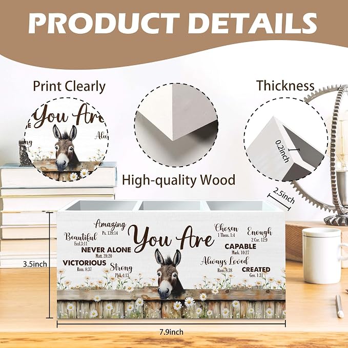 DILSJ Inspirational Donkey Pen Pencil Holder Organizer for Desk, Donkey Gifts for Women, Be Kind Be Brave Decor Wooden Box Signs for Home Office Desk Tabletop Decoration