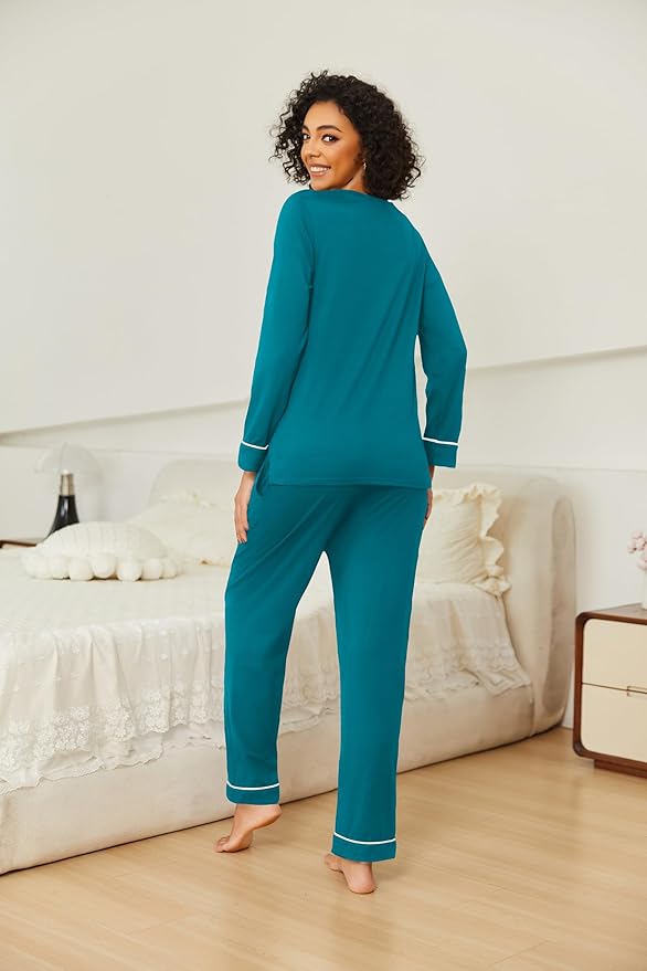 Ekouaer Womens 2 Pack Pajama Set Long Sleeve Pajamas Top and Pants V Neck Pjs Set Soft Loungewear with Pockets