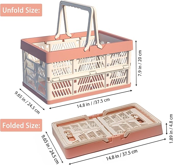 Collapsible Plastic Storage Crate - 20L Folding Organizer Basket Portable Stacking Storage Crate Bin with Handle, for Camping, Picnic, Car Trunk, Home Storage (Pink, M)