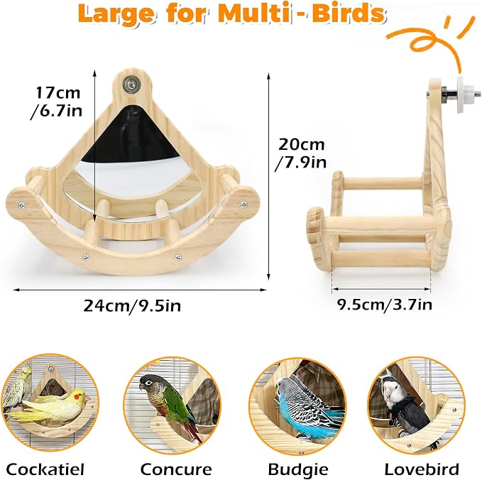 Rocking Bird Perch Toy with Mirror for Cage, Enrichment Parakeet Toys | Wood Exercise Wheel Cockatiel Toys, Birds Enrichment Toy for Parrot, Interactive Cage Accessories Perch for Budgie Conure