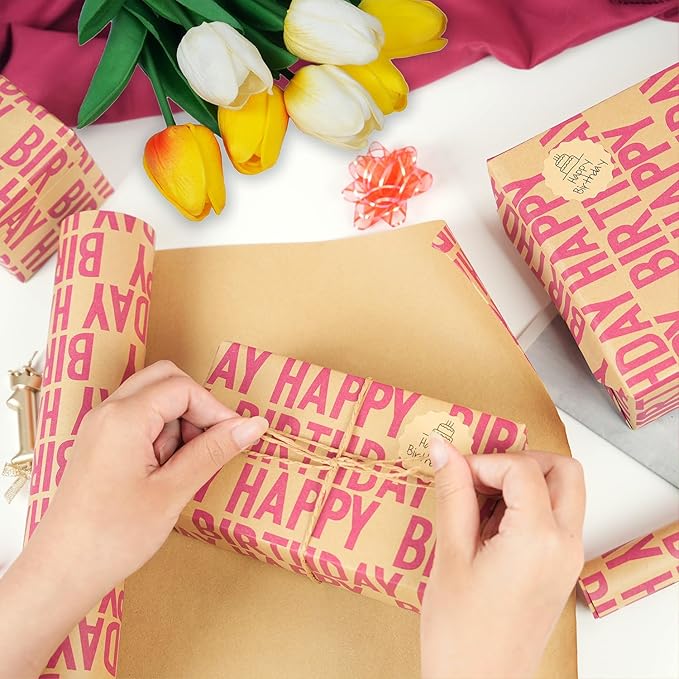 MAMUNU Birthday Wrapping Paper Roll, Red and Brown Kraft Happy Birthday Wrapping Paper Jumbo Roll, Gift Wrap Paper Set for Men Women Boys Girls, 17x590 Inch (70 sq. ft.)