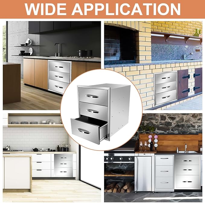 Outdoor Kitchen Drawers Stainless Steel 18W X 23H X 23D Inch, Flush Mount Triple BBQ Island Drawers with Handle for Outdoor Kitchens, Patio or Grill Station