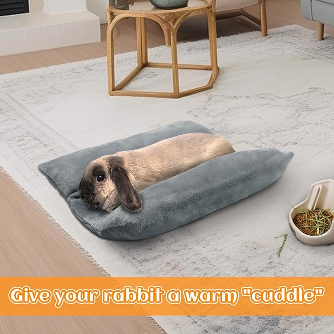 MEWTOGO 15.7" x 14" Bunny Bed for Rabbit Cage, Thickened & Soft | Prevent Sore Hocks Plush Mat with Cotton Lounger Pillows, Small Animal Flop Mat for Hutch Sleeping Indoor, Gray
