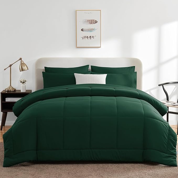 CozyLux Full Size Comforter Sets Emerald Green, 7 Pieces Bed in a Bag, Green Comforter Full Size, All Season Bedding Sets with Stitch Quilted Comforter, Flat Sheet, Fitted Sheet, Pillowcases