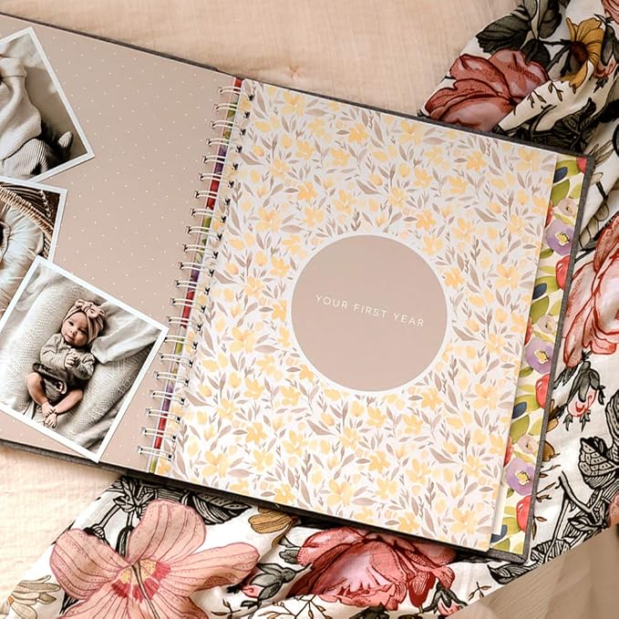 Peachly Baby Memory Book For Girls, First Year Baby Book Keepsake for Milestones, Linen Baby Keepsake Book First Year Memory Book (Botanica)