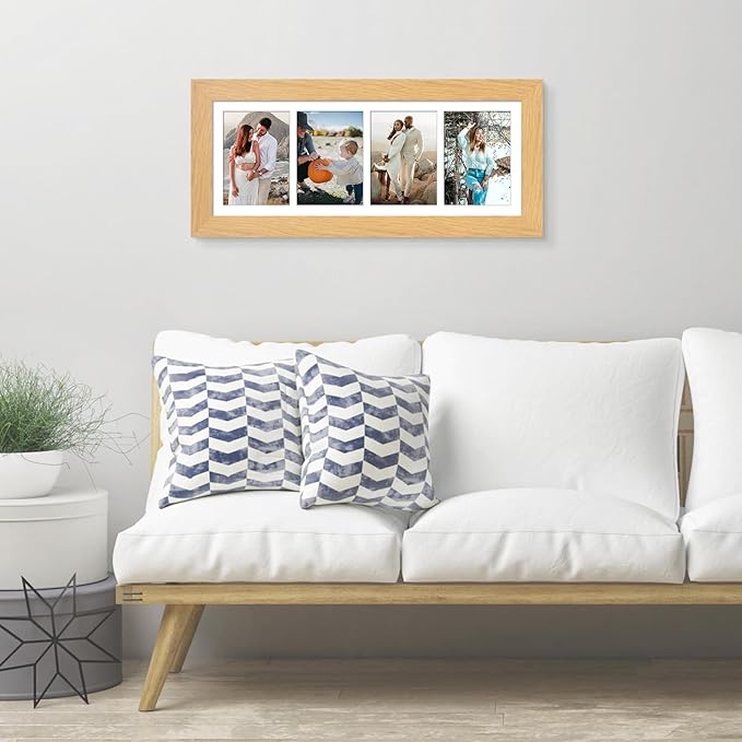 8x21 Picture Frame Display 4 opening 5x7 Collage Picture Frame,Multi Photo Frame with Mat,Plexiglass,Horizontal and Vertical Formats for Wall Decor,Natural Wood Grain