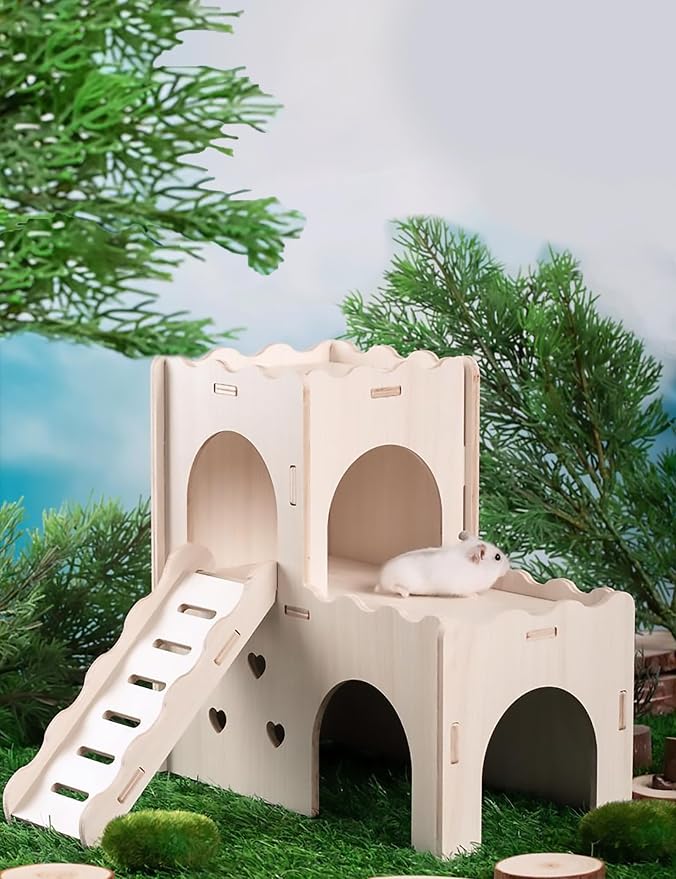 Hamster Hideout Cage Accessories - Hamster House and Habitat Wooden Hide Hut with Climbing Ladder for Syrian Dwarf Gerbils and Mouse Mice Rat Other Small Animals etc.