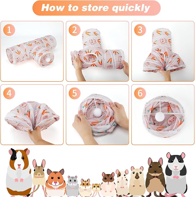 Rypet Guinea Pig Tunnel Hideout 3-Way Collapsible Pet Tubes, Carrot White | 3 Way Design for Exploration, Collapsible for Easy Storage, Built-in Play Ball, Hiding & Resting for Hamsters Ferrets