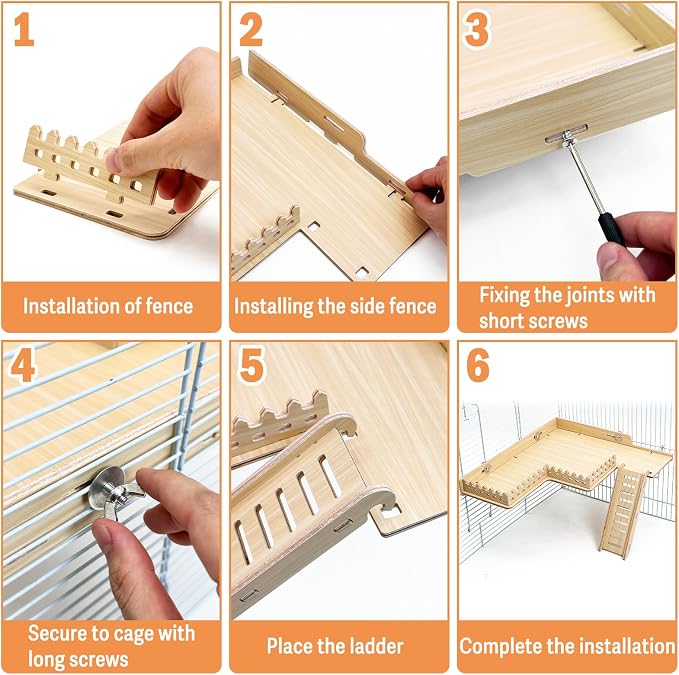 Fhiny Wooden Platform for Cage, Hanging Gerbil Climbing Platform with Ladder & Fence - Hamster Activity Playground Habitat Decor Cage Accessories for Dwarf Hamster, Gerbil, Mice, Rat, Mouse