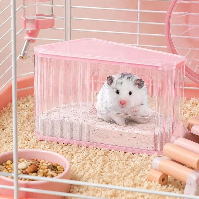 Hamster Sand Bath Container, Large Dust Bath House with Scoop, Purple | Tall enclosed design reduces sand scatter, spacious interior, frosted privacy walls, top platform, easy-clean bath box