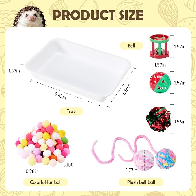 Dig-Box Tray for Hedgehog, Multi-Type Hedgehog Enrichment Set with Furry Ball and Jingle Bell, Hedgehogs Accessories, Ball Toys for Hamster, Kitten Cat, Ferrets and Small Animal