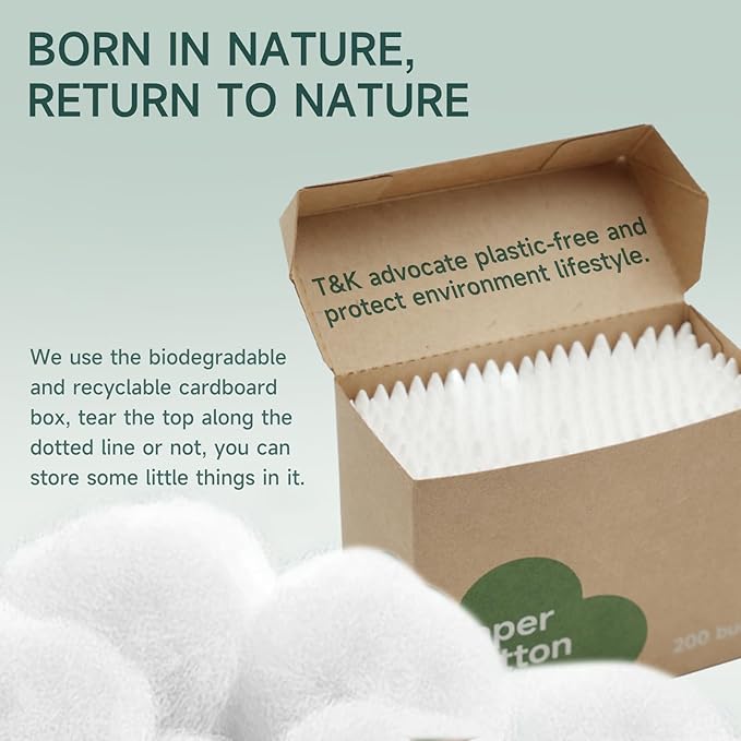 T&K Biodegradable Cotton Swabs - 1200 Count Eco-Friendly Paper Stick, Double-Tipped Precision Pointed & Gentle Round Tips, Hypoallergenic Organic Cotton (6 Pack)