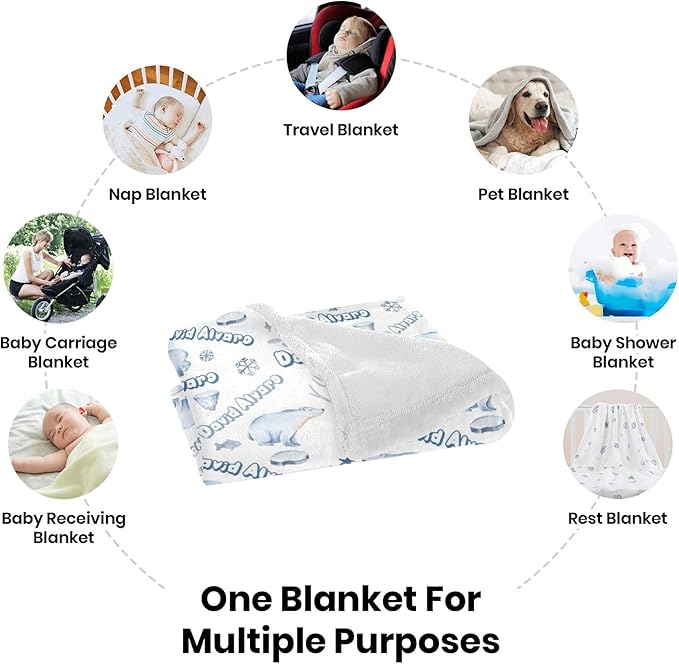 Ship Next Day Personalized Baby Blanket, Printed in USA - Custom Name Toddler Blanket with Polar Bears Pattern, Personalized
