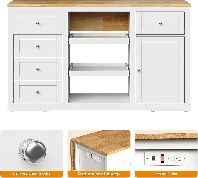 RoyalCraft 59'' Inch Kitchen Island with Storage and Drop Leaf, Island Table for Kitchen, Coffee Station Cabinet with Rubber Wood Top, Pull-Out Trays, Drawers, Adjustable Shelf, Power Outlet, White