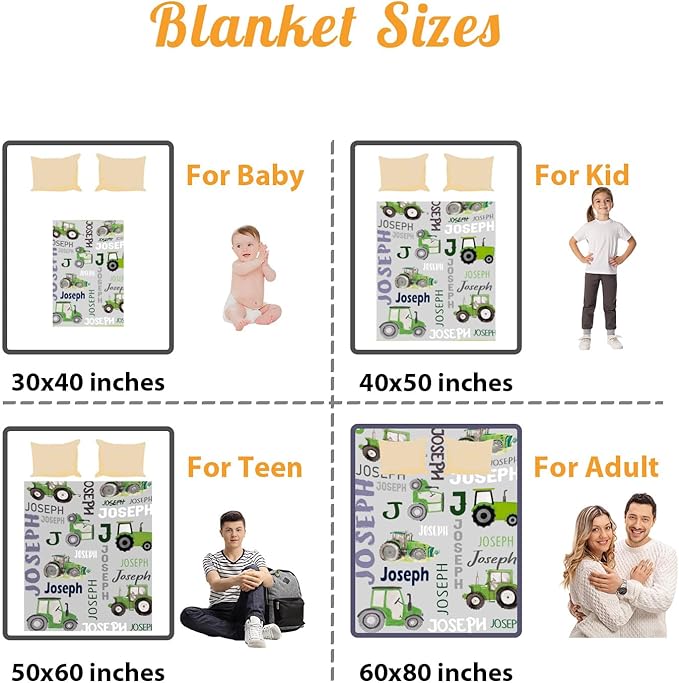 Personalized Tractors Blanket - Custom Name with Farm Tractor Trucks Design - Soft Plush Flannel Bed Blanket for Baby Kid Teen Boys Girls Customized Gifts Light Grey