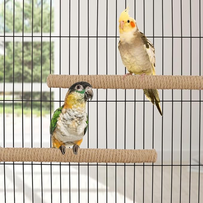 Hypeety Bird Perch Stand Natural Wood Parrot Hemp Rope Perch, 9.84''/25cm | Natural wood chewable stand, birdcage accessories toy, for macaws/cockatoos/african greys/budgies/parakeets/cockatiels, 2pcs