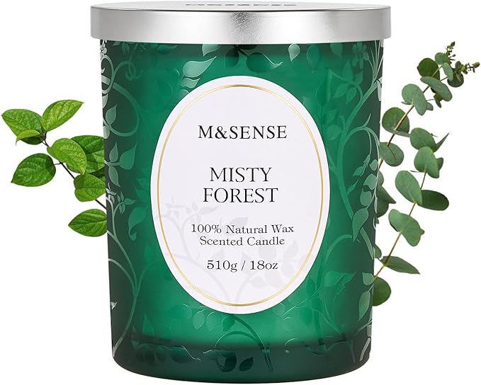 M&SENSE Eucalytus Pine Strong Scented Candle, Wooden Wick Candle, 100 Hours Slow Burning No Toxin Natural Soy Wax 18oz, Relax Aromatherapy Fall Winter Home Fragrance,Housewarming Gifts for Men Women