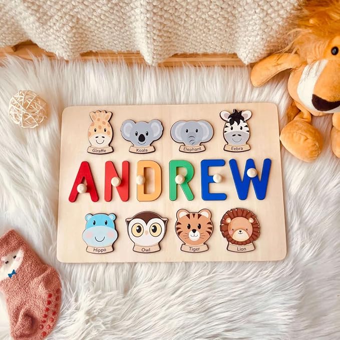 Name Puzzle for Kids Personalized, First Birthday for Baby Boy Girl, Wooden Animal Puzzles for Toddlers 1-3, Educational Toys for 1 Year Old