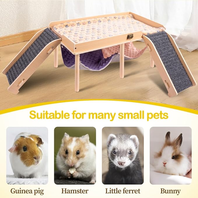 BESNEW Enlarged Guinea Pig Hammock with Platform and Stairs,Wooden Foldable Piggies Hideout for Guinea Pigs Bunny Ferret Hamster Hiding Sleeping Activities 24L x 12W x 11H in(Double)