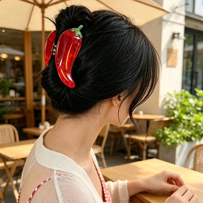 Red Chili Pepper Hair Clips Vegetable Hair Claw Clips Acrylic Hair Jaw Clip | Strong Hold Hair Barrettes Funny Chili Hair Clamp with Leaf Summer Autumn Winter Daily Holiday Hairstyle Accessory for Women