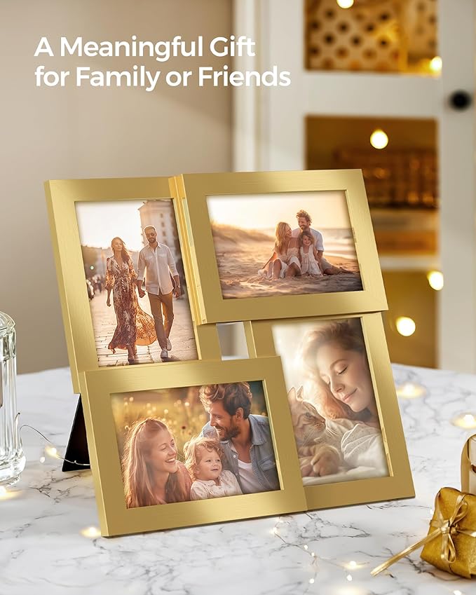 SONGMICS 4x6 Collage Picture Frames, Family Photo Collage Frame Set of 4 for Wall Decor, Glass Front, Wall Hanging or Tabletop,Christmas Gift, Pale Gold URPF025A01