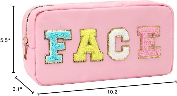 DYSHAYEN Nylon Cosmetic Bag Preppy Face Care Makeup Bag for Women Travel Toiletry Organizer with Chenille Letter Patches (Pink-FACE)