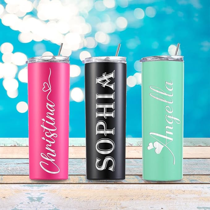 Personalized Skinny Tumbler with Lid and Straw Custom Engraved Insulated Stainless Steel Cup with Name Text Customized Gifts for Women Men Him Her Dad Mom 20oz