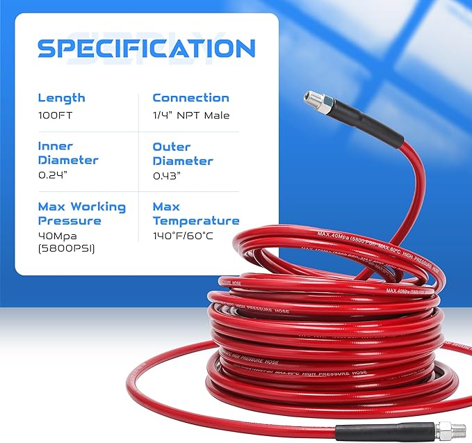 Sewer Jetter Kit for Pressure Washer, 100FT 5800 PSI Drain Cleaner Hose with 1/4" NPT Corner, Rotating and Button Hose Sewer Jetting Nozzle, Waterproof Tape, Pearl Corsage Pin, Spanner, Glove