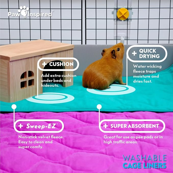 Paw Inspired Washable Fleece Guinea Pig Cage Liners, C&C 2x1, Pink | Super Absorbent Pee Pad, Bedding, Waterproof Bottom, Pet Bed Mat for Guinea Pigs, Ferrets, Rabbits, Hamsters, Small Animals