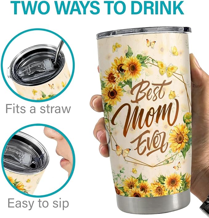 SANDJEST Mom Tumbler 20oz Best Mom Ever Gift Stainless Steel Insulated Tumblers Coffee Travel Mug Mother Cup Gift for Birthday Christmas