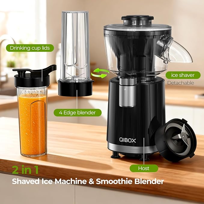 QIBOX Snow Cone Machine & Smoothie Blender 2 in 1, 700W Powerful Shaved Ice Machine Slushine Machine, Healthy Frozen Drink Maker with Stainless Steel Blade & Smoothie Recipe, for Home Kitchen Party