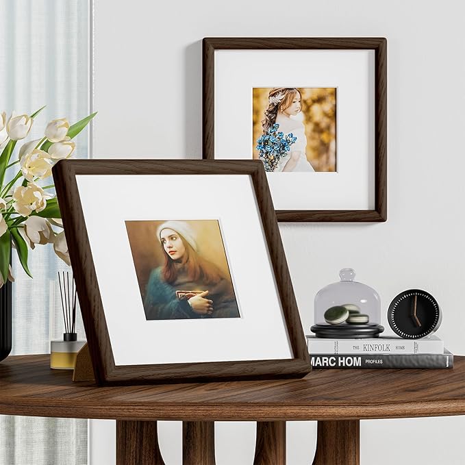 8x8 Picture Frame Natural Oak Wood From California-USA Walnut Color Finished Handcrafted 8 x 8 Photo Frame Matted to 4x4 Photo with Real Tempered Glass,for Wedding,Family,Graduation Display Table & Wall