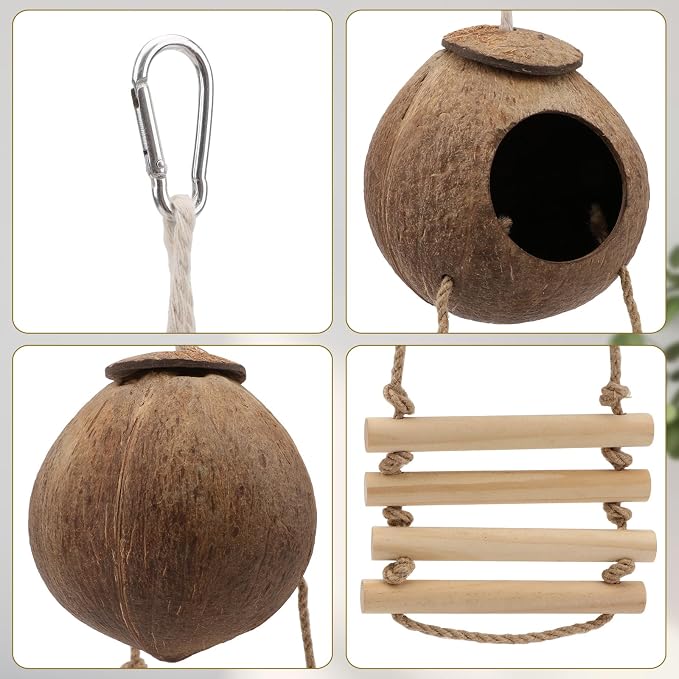 Hypeety Pet Bird Breeding Nest Natural Coconut Bird Hideout Hut for Cage | Natural coconut shell, for sleeping/breeding, easy to hang, for parakeets/cockatiels/finches/hamster, with wooden ladder/hook